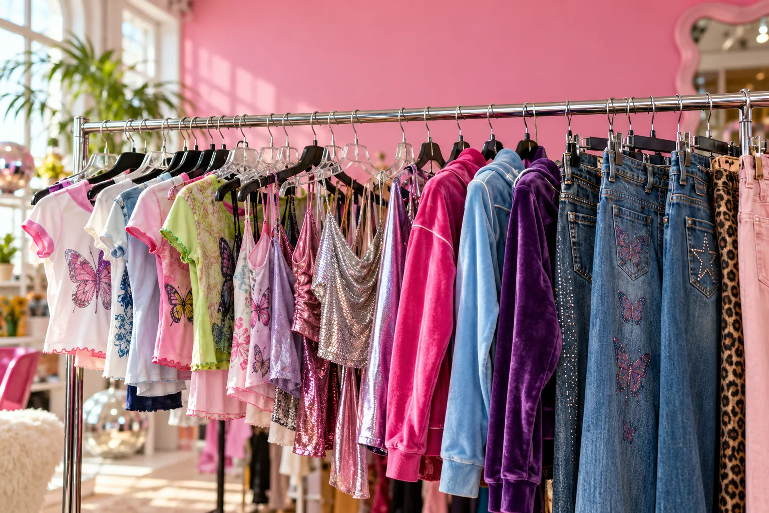 A rail packed with Y2K vintage: baby tees, butterfly tops, velour and low-rise denim against a pink wall
