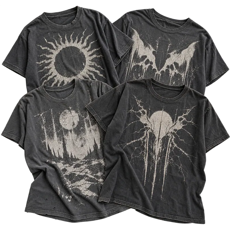 Four faded black and grey band tour tees with cracked graphics
