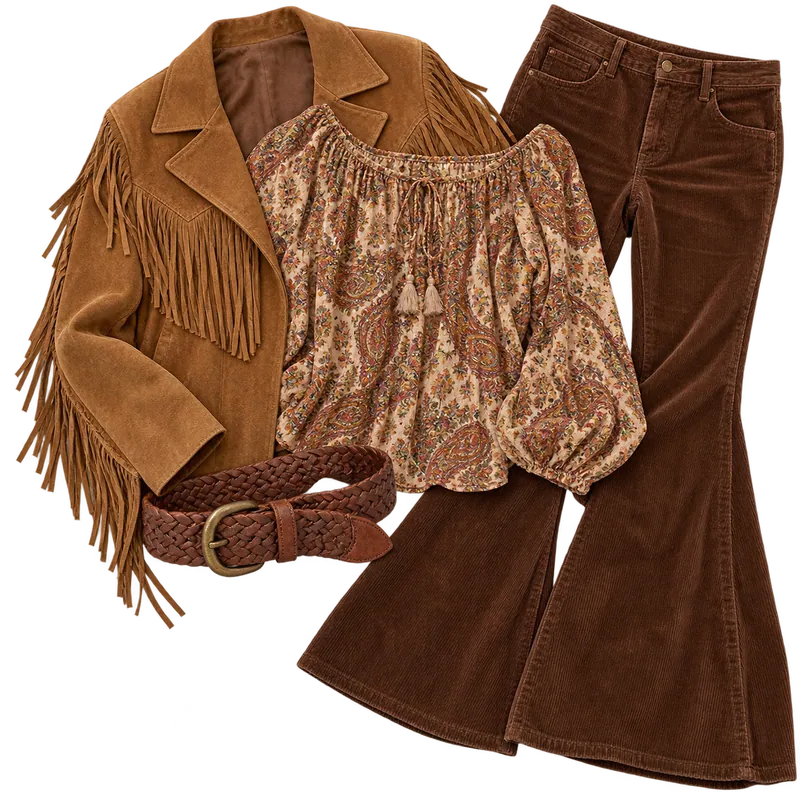 Boho flat-lay: suede fringe jacket, paisley blouse, brown corduroy flares and woven belt