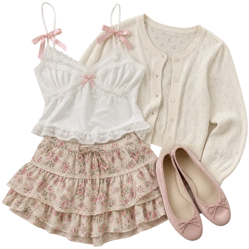 Coquette flat-lay: lace cami with pink bows, cream cardigan, floral tiered mini, ballet flats