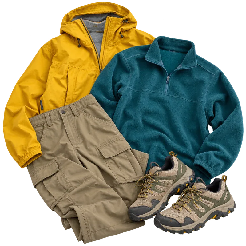Gorpcore flat-lay: teal fleece, yellow shell jacket, khaki cargos and trail shoes