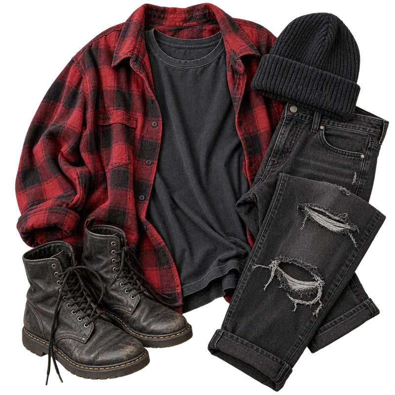 Grunge flat-lay: red and black flannel, faded tee, ripped black jeans, beanie and boots