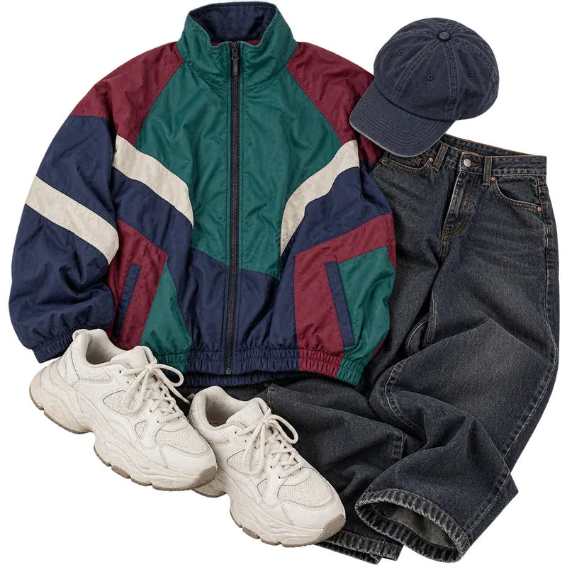90s streetwear flat-lay: colour-block windbreaker, baggy denim, cap and white sneakers