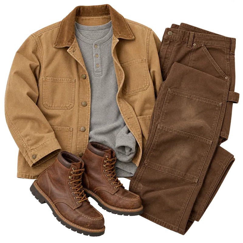Workwear flat-lay: tan chore coat, double-knee work pants, thermal henley and work boots