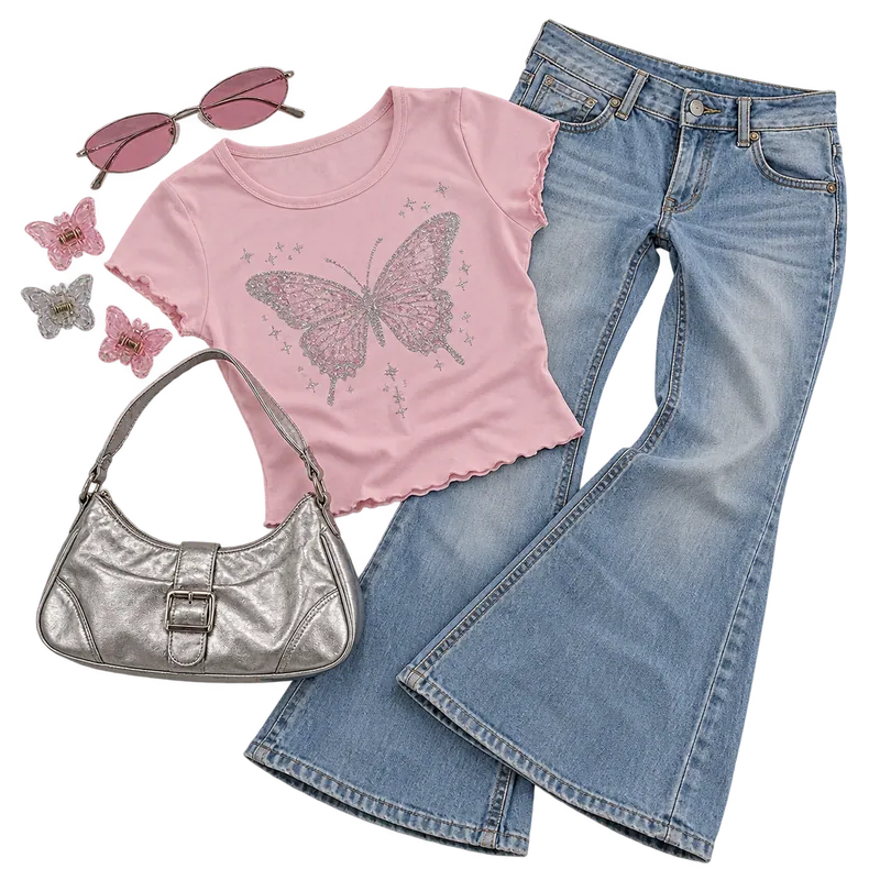 Y2K flat-lay: pink butterfly baby tee, low-rise flares, silver shoulder bag, tinted sunglasses